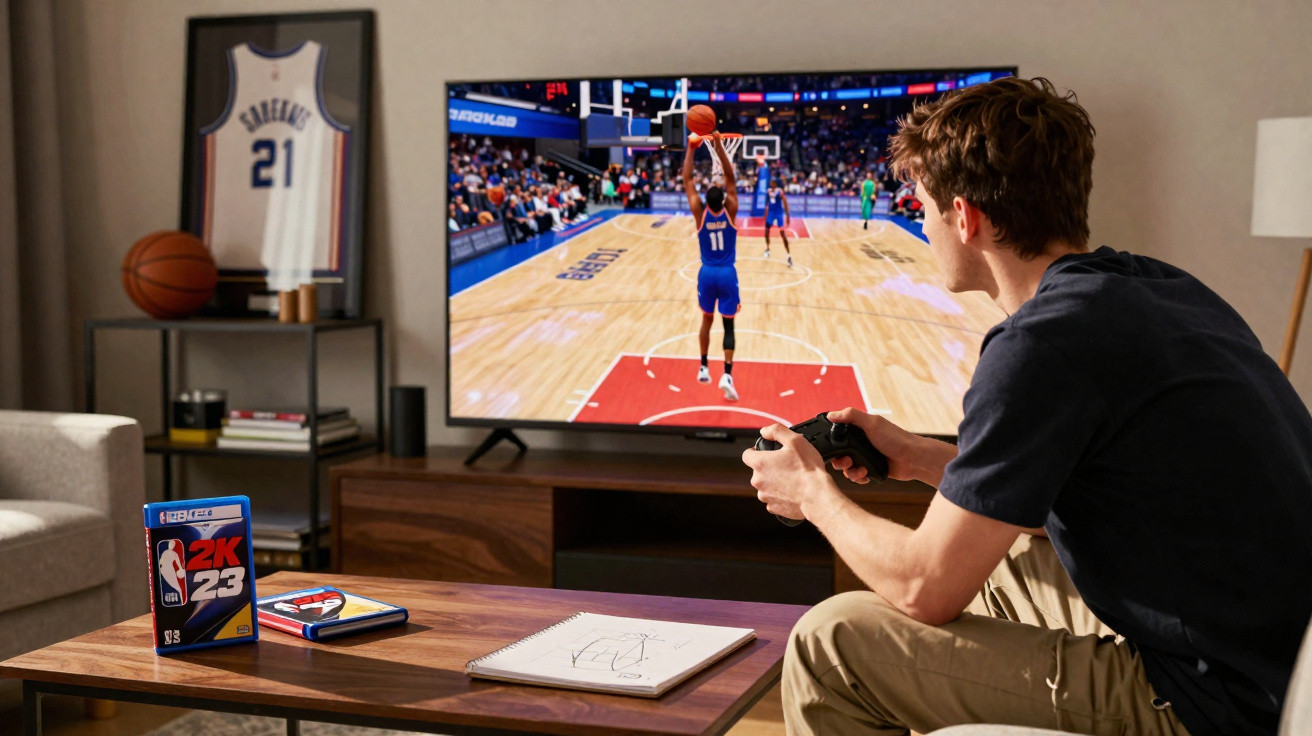 Homem sentado a jogar videojogo de basquetebol numa sala com televisão, comando e capa do jogo NBA 2K23 na mesa.