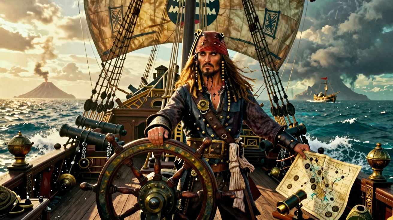Pirata com chapéu vermelho ao leme de um navio, segurando um mapa, com ilhas e vulcões ao fundo.