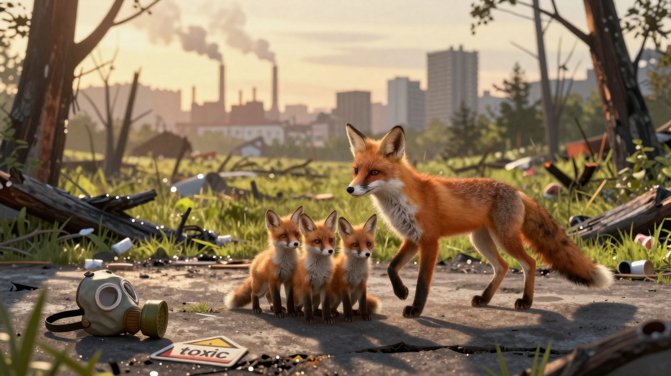 Raposa adulta com três crias em terreno urbano poluído, com máscara de gás e sinal de tóxico no chão.