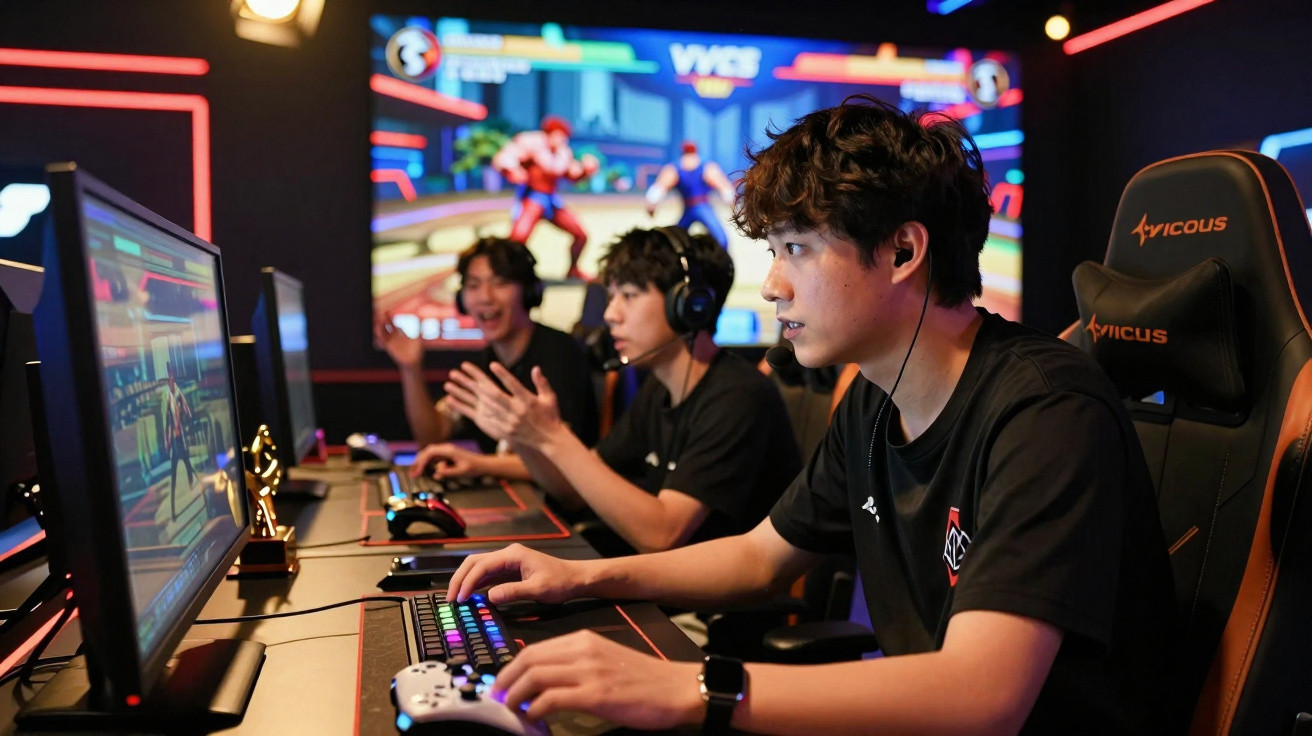 Três jovens a jogar videojogos em computadores, com ecrã grande ao fundo e ambiente com luzes coloridas.