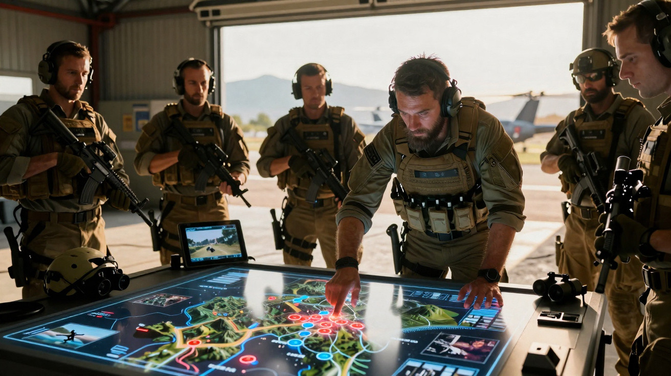 Grupo de soldados em uniforme táctico a planear estratégia militar numa mesa digital interativa.