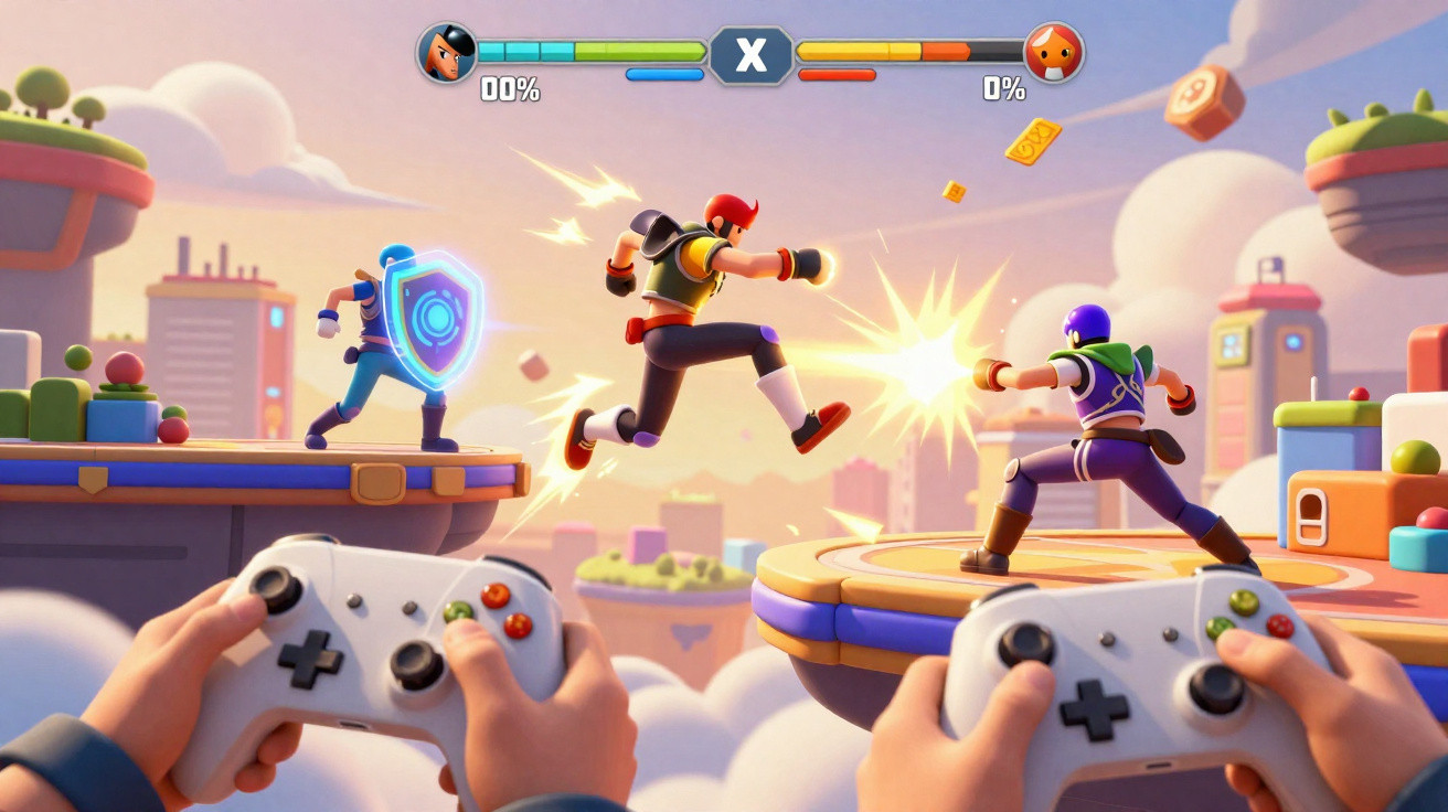 Duas pessoas a jogar videojogo de luta colorido com personagens a combater numa plataforma flutuante.