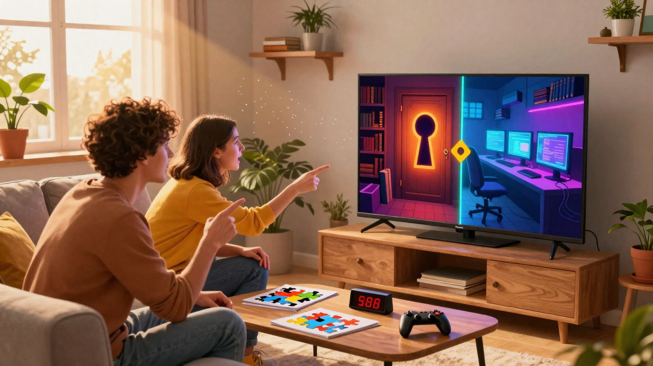 Casal sentado no sofá a jogar jogo interativo de puzzle numa televisão na sala.