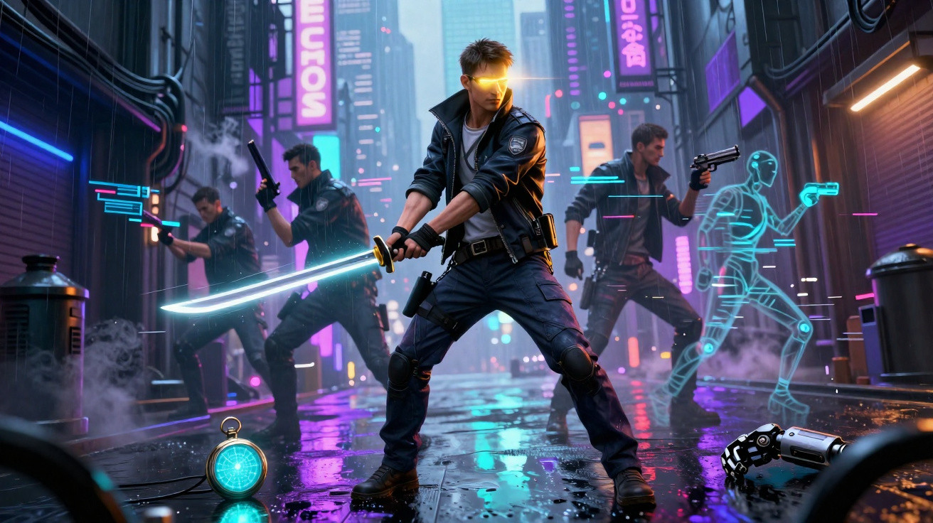Homem com katana luminosa e olhos brilhantes rodeado por clones armados numa rua futurista húmida à noite.