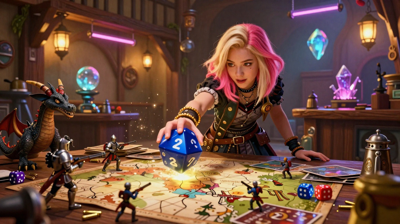 Jovem com cabelo rosa joga jogo de tabuleiro com miniaturas e dado gigante num ambiente fantasiado e iluminado.