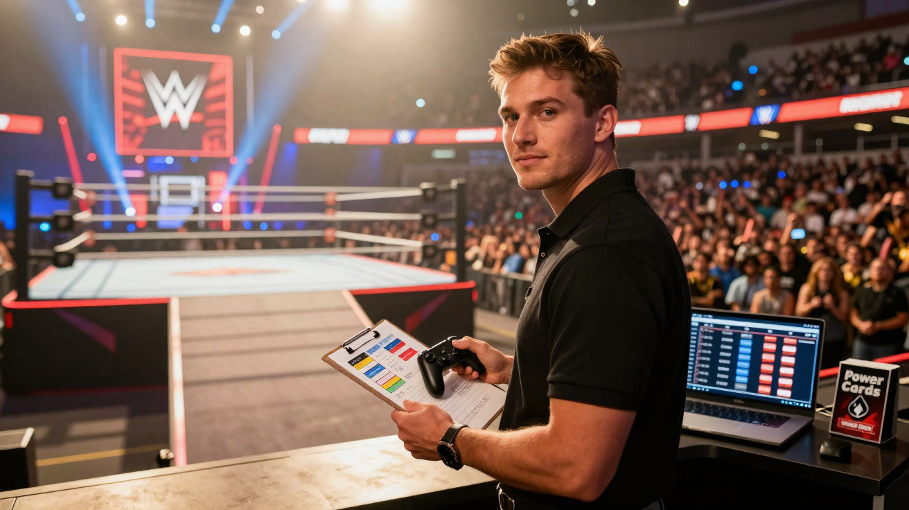 Homem com controle e prancheta junto a ringue da WWE, com público e luzes de evento ao fundo.