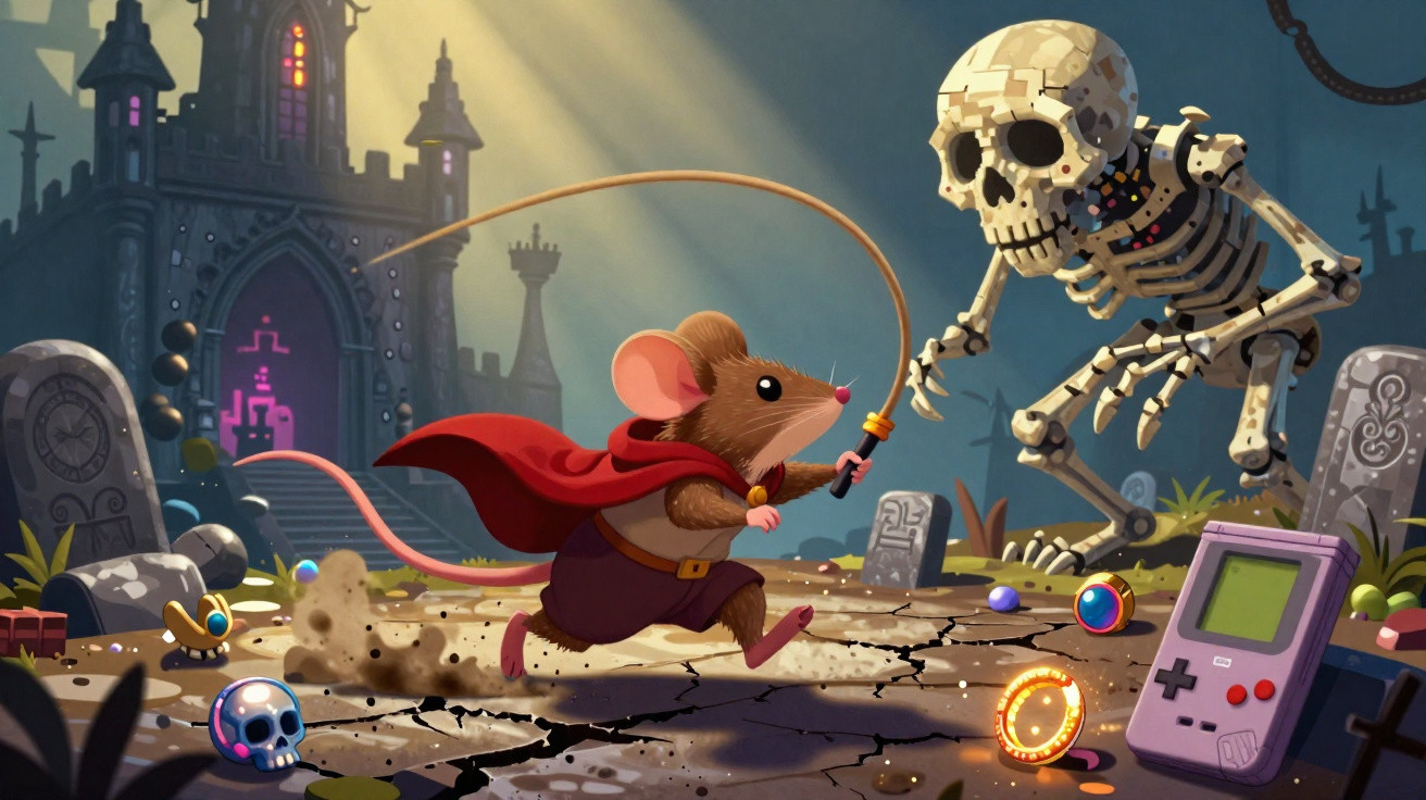 Rato herói com capa vermelha enfrenta esqueleto gigante numa batalha em cemitério sombrio com objetos tecnológicos.