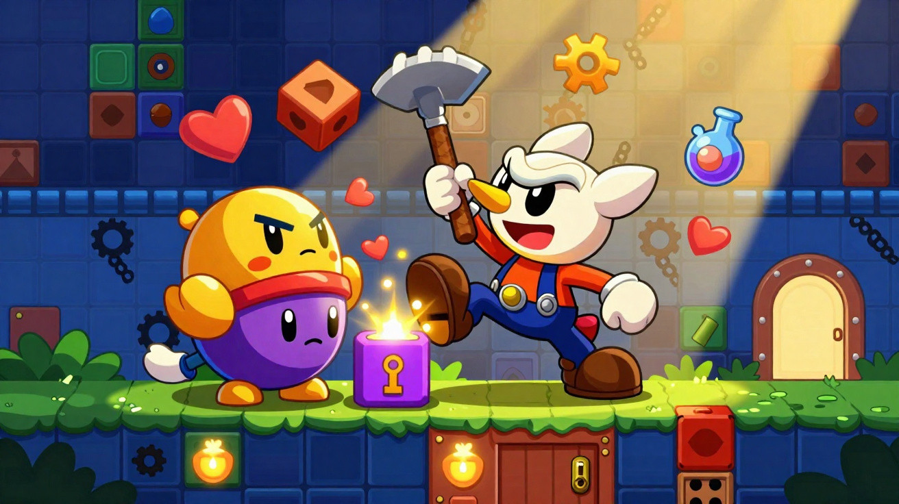 Personagem tipo coelho com machado enfrenta inimigo colorido num cenário de videojogo com itens brilhantes e corações.