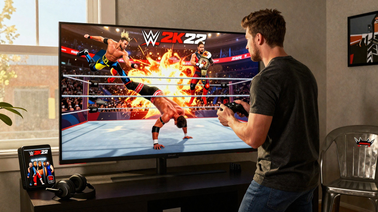 Jovem a jogar WWE 2K22 num grande ecrã de televisão numa sala com mesa, auscultadores e tablet.