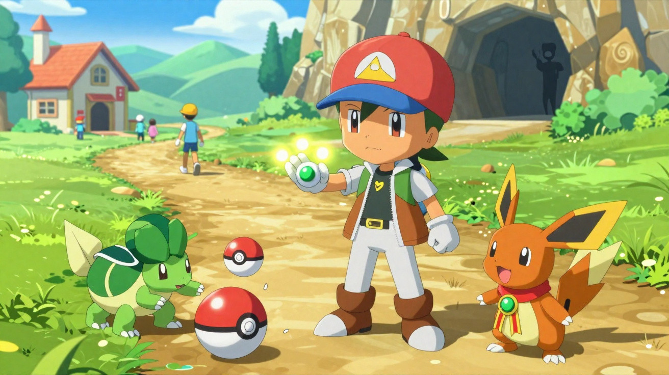 Personagem de animação com chapéu vermelho e dois Pokémon em trilho de terra com casa e caverna ao fundo.
