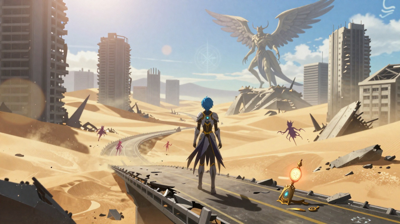 Personagem de cabelo azul observa estátua gigante com asas numa cidade deserta e em ruínas no deserto.