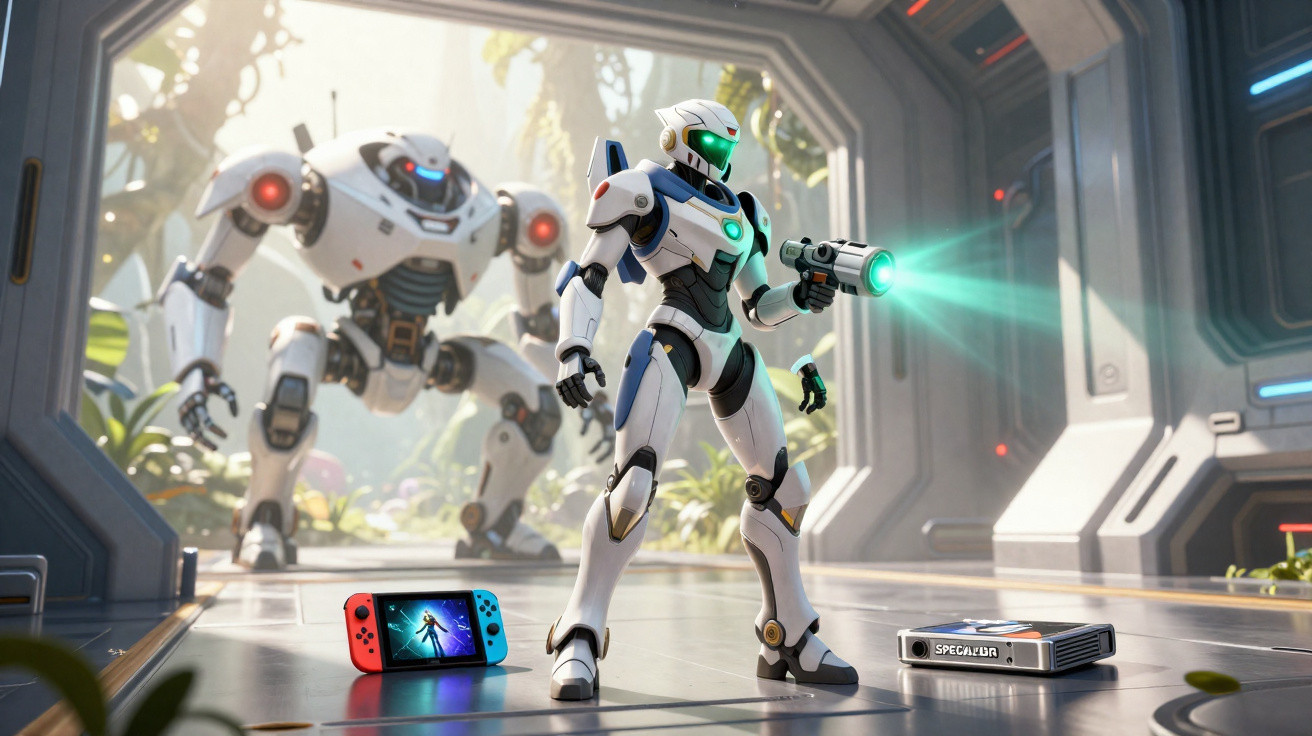 Dois robôs futuristas, um com arma de luz e outro ao fundo, numa sala tecnológica com comandos ao chão.
