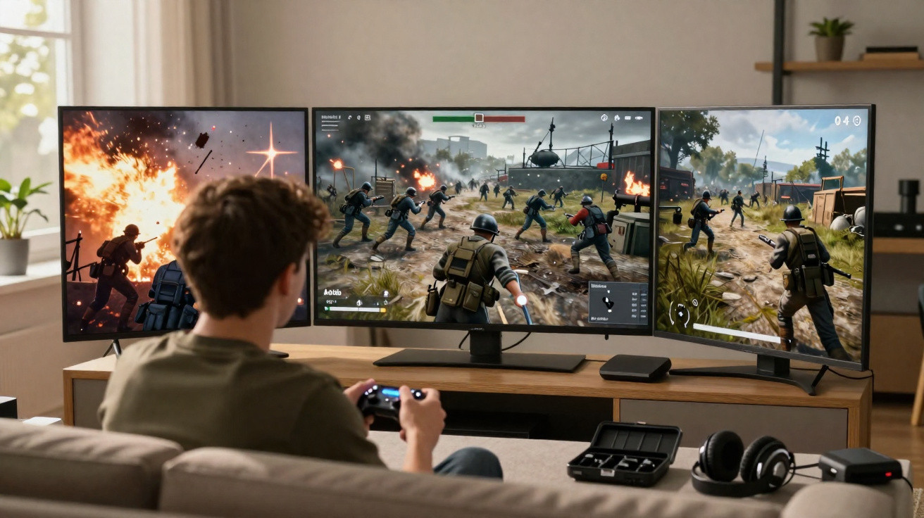 Homem a jogar videojogo de guerra com três ecrãs e comandos num sofá.