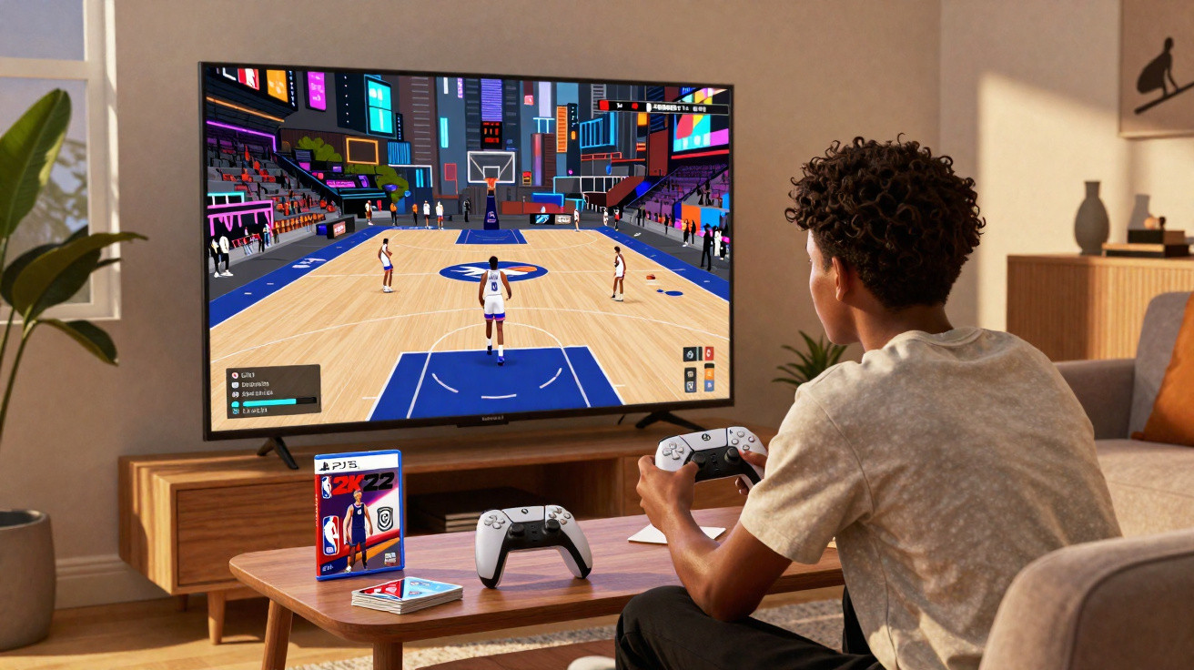 Jovem a jogar videojogo de basquetebol numa consola PlayStation numa sala de estar moderna.