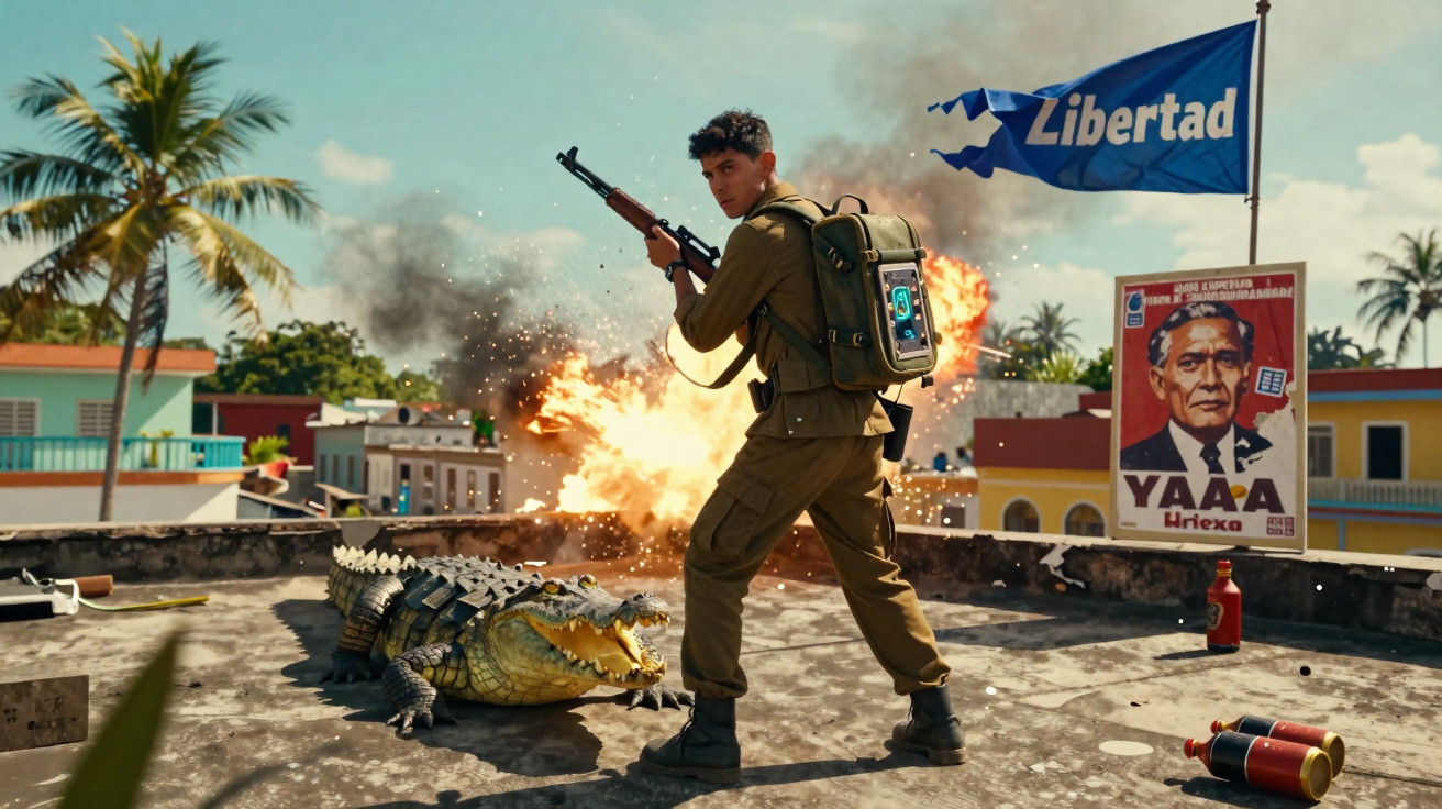 Jovem soldado com um fuzil e mochila tecnológica enfrenta crocodilo num telhado com fogo e bandeira onde se lê "Libertad".