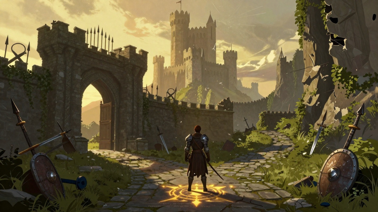 Guerreiro de armadura diante de portão de castelo antigo ao pôr do sol, rodeado por armas e escudos no chão.