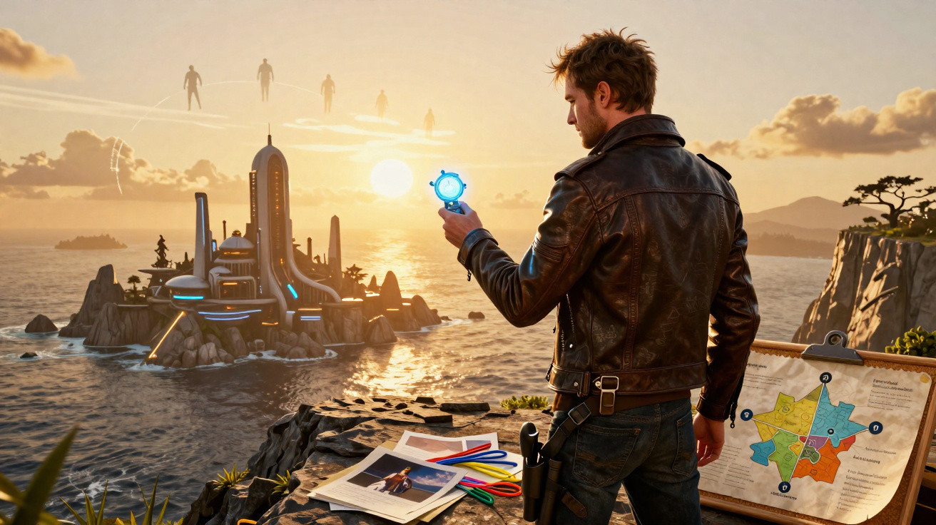 Homem com jaqueta de couro observa dispositivo azul, ilha futurista e figuras flutuantes ao pôr do sol.
