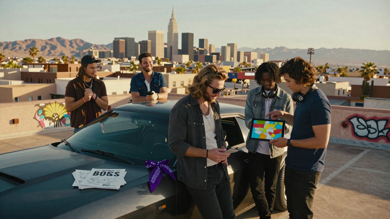 Cinco jovens reunidos junto a um carro preto numa cobertura, cidade e montanhas ao fundo ao pôr do sol.