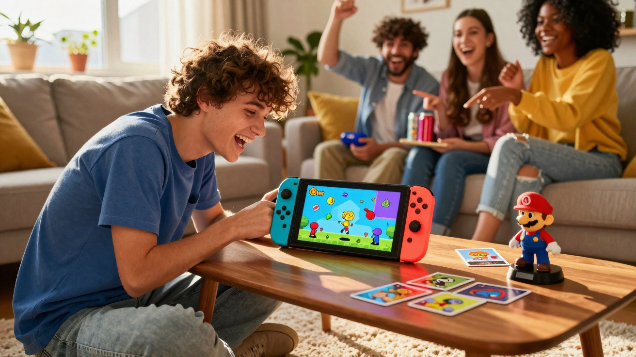 Jovem entretido a jogar Nintendo Switch enquanto amigos animados assistem e comemoram numa sala acolhedora.