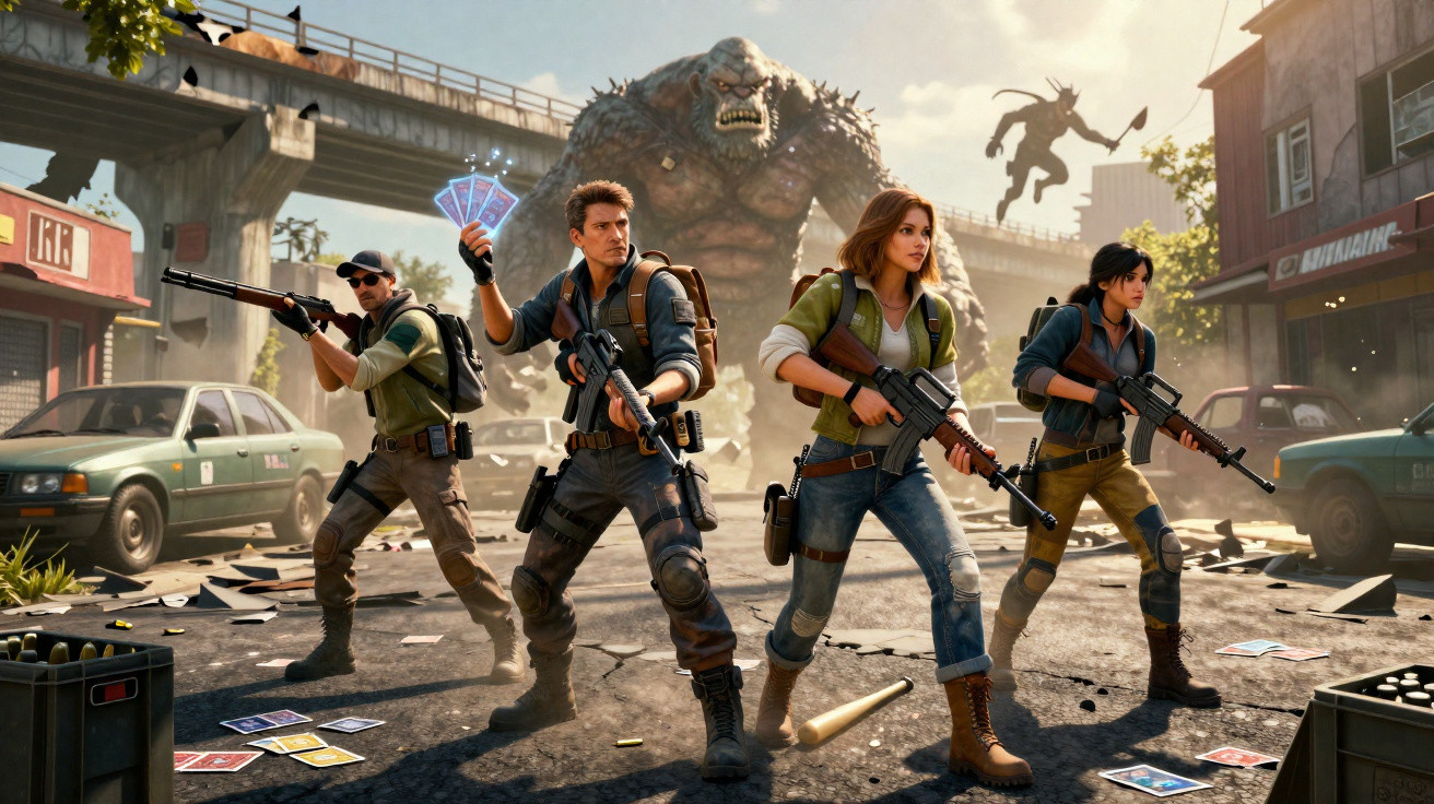Quatro personagens armados enfrentam duas criaturas gigantes numa rua urbana com destroços e carros.