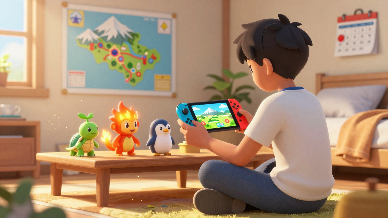 Garoto sentado no chão a jogar consola com três figuras de personagens em cima da mesa à sua frente.