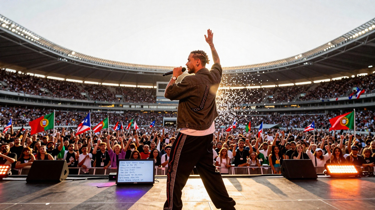 Cantor com microfone atua no palco perante multidão numa arena cheia ao pôr do sol, com bandeiras portuguesas visíveis.