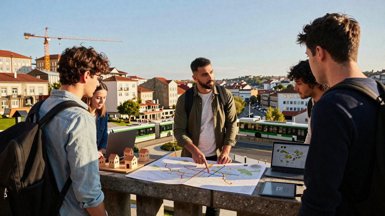 Grupo de jovens com mochilas a planear projeto urbano ao ar livre com mapa e computador portátil.