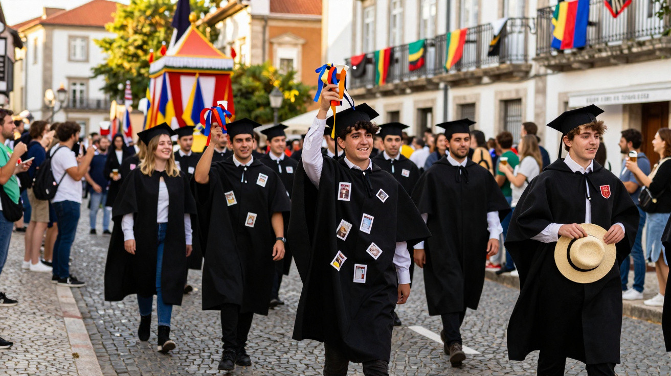 Estudantes vestidos com trajes acadêmicos desfilam durante cerimónia de finalistas numa rua histórica.