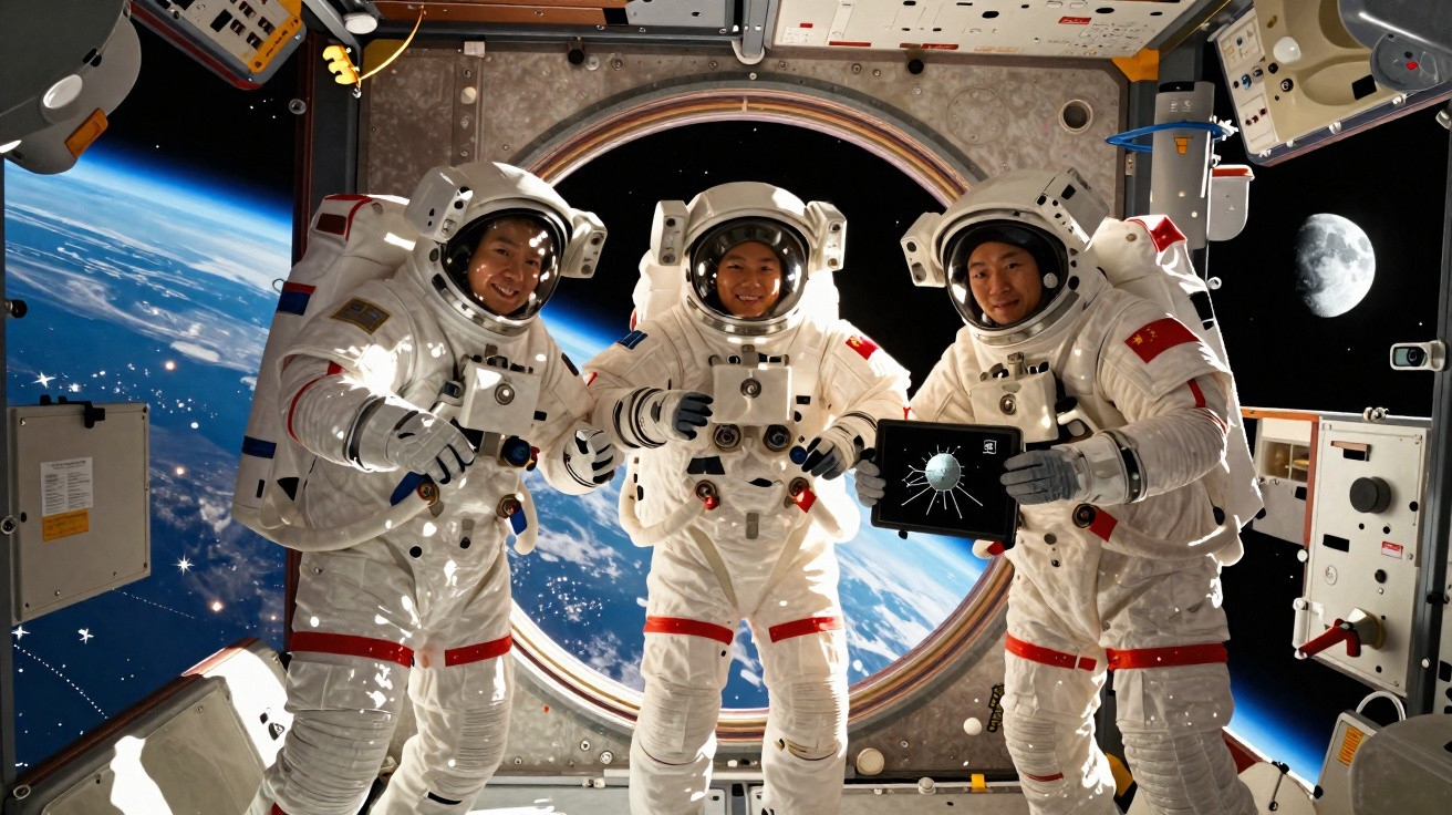 Três astronautas chineses em trajes espaciais posam no interior da estação espacial com a Terra e a Lua ao fundo.
