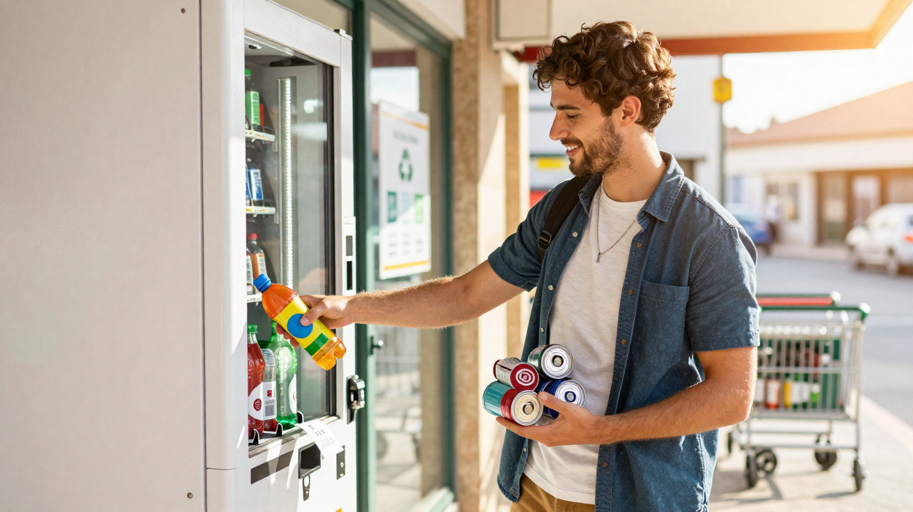 Homem jovem a comprar bebidas numa máquina automática ao ar livre, sorridente e descontraído.