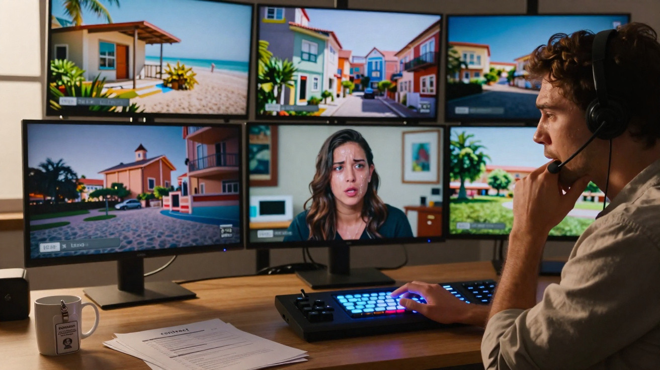Homem de headset a controlar jogos virtuais com múltiplos ecrãs e rosto de mulher num deles.