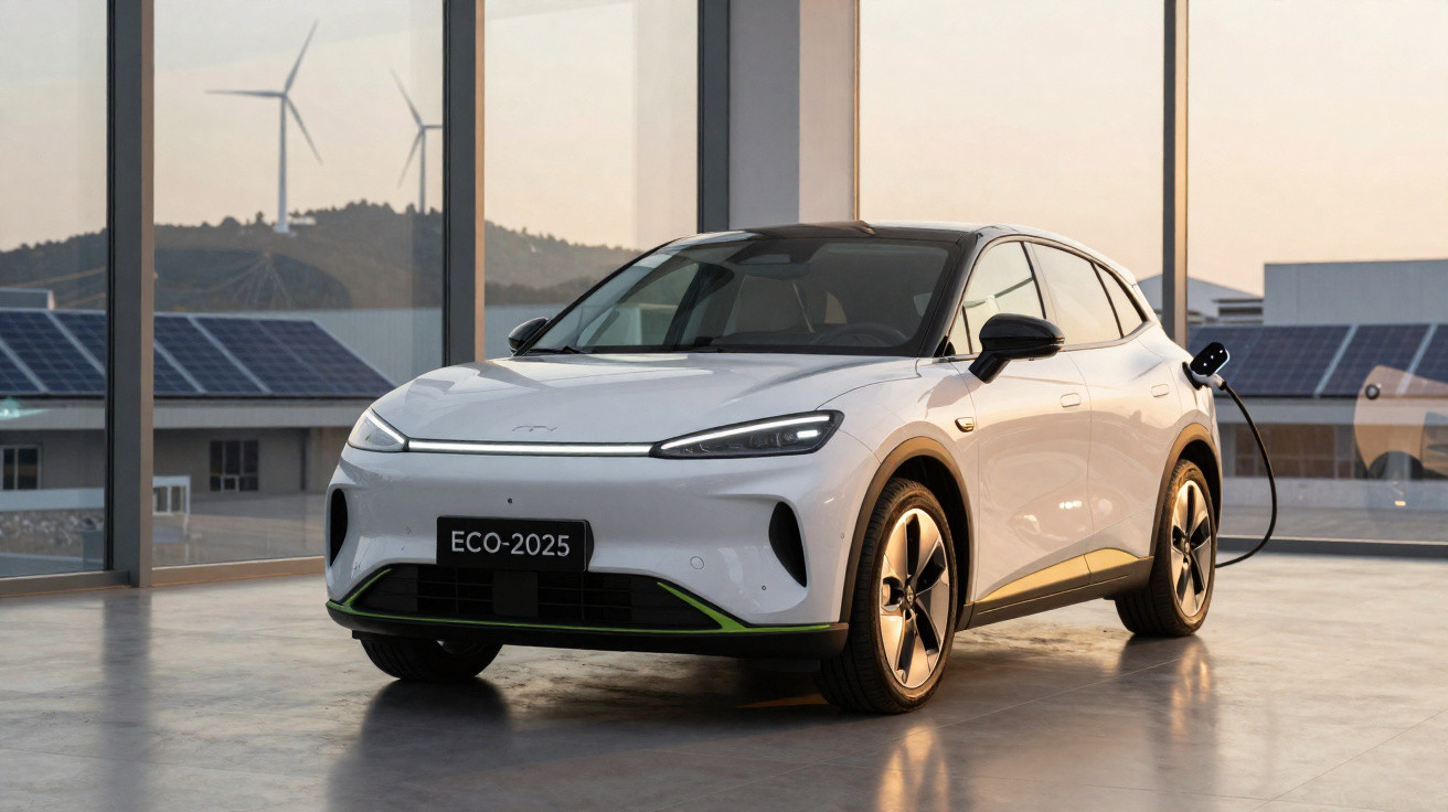Carro elétrico branco a ser carregado num espaço interior com painéis solares e turbinas de energia ao fundo.