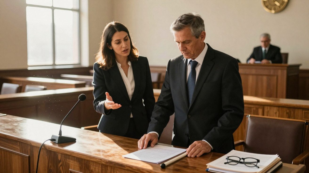 Advogados em tribunal discutem documentos enquanto juiz observa ao fundo numa sala iluminada.