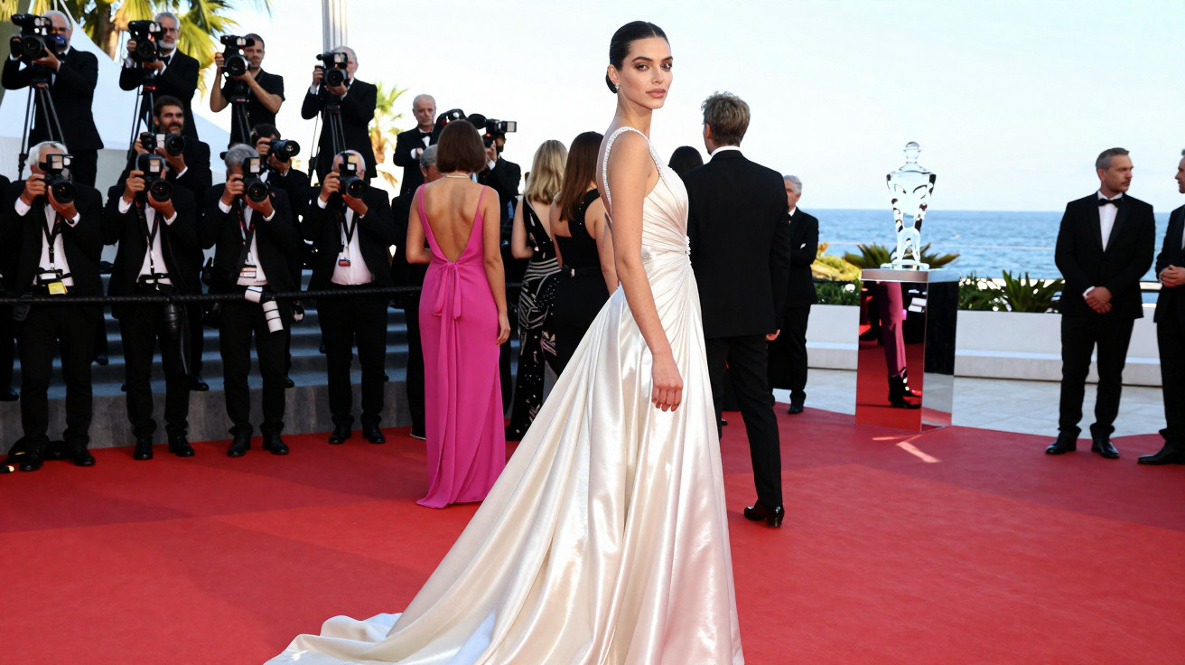Mulher em vestido branco comprido posa no tapete vermelho com fotógrafos e convidados ao fundo num evento à beira-mar.