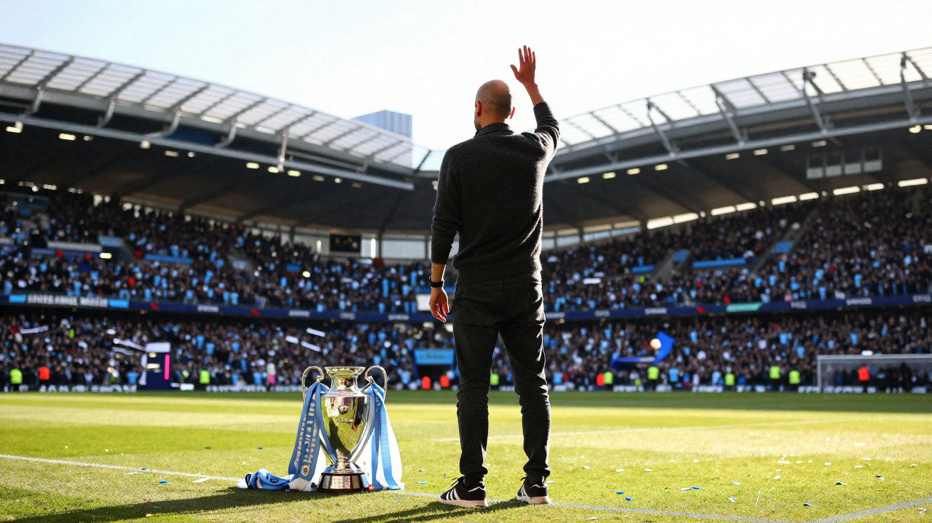 Homem acenando num estádio de futebol ao lado de um troféu com cachecóis azuis e brancos.