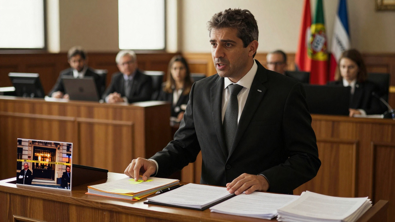 Advogado de terno defendendo caso em tribunal com juízes e bandeira de Portugal ao fundo.