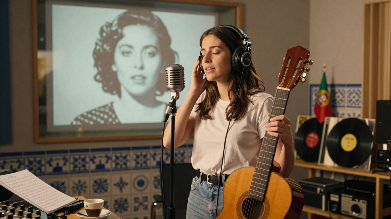 Mulher com guitarra e auscultadores canta num estúdio com microfone e imagem de cantora antiga em fundo.