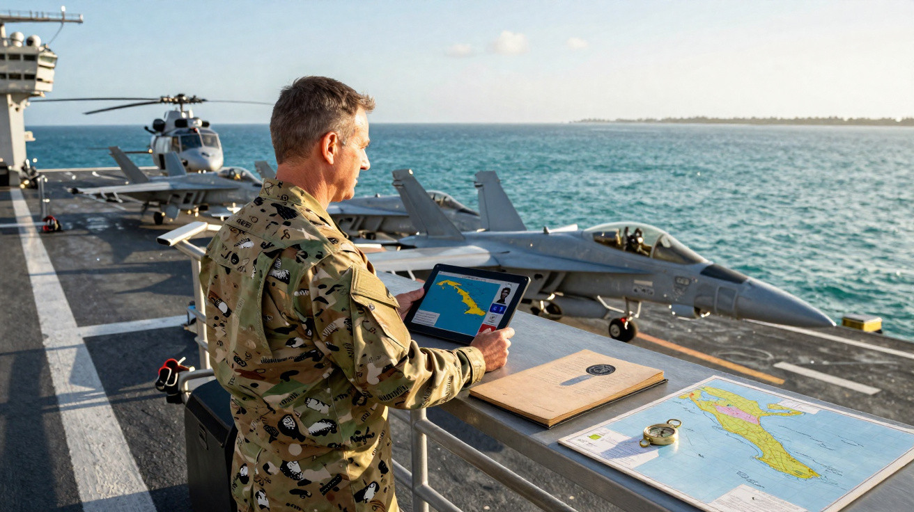 Militar em uniforme a consultar um tablet e mapas a bordo de um porta-aviões com jatos e um helicóptero estacionados.
