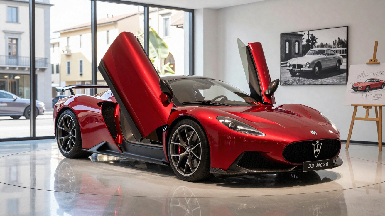 Carro desportivo vermelho Maserati MC20 com portas em asa de gaivota num salão moderno.