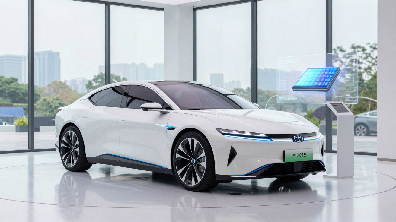 Carro elétrico branco futurista em exposição numa sala com grandes janelas e painel digital ao lado.