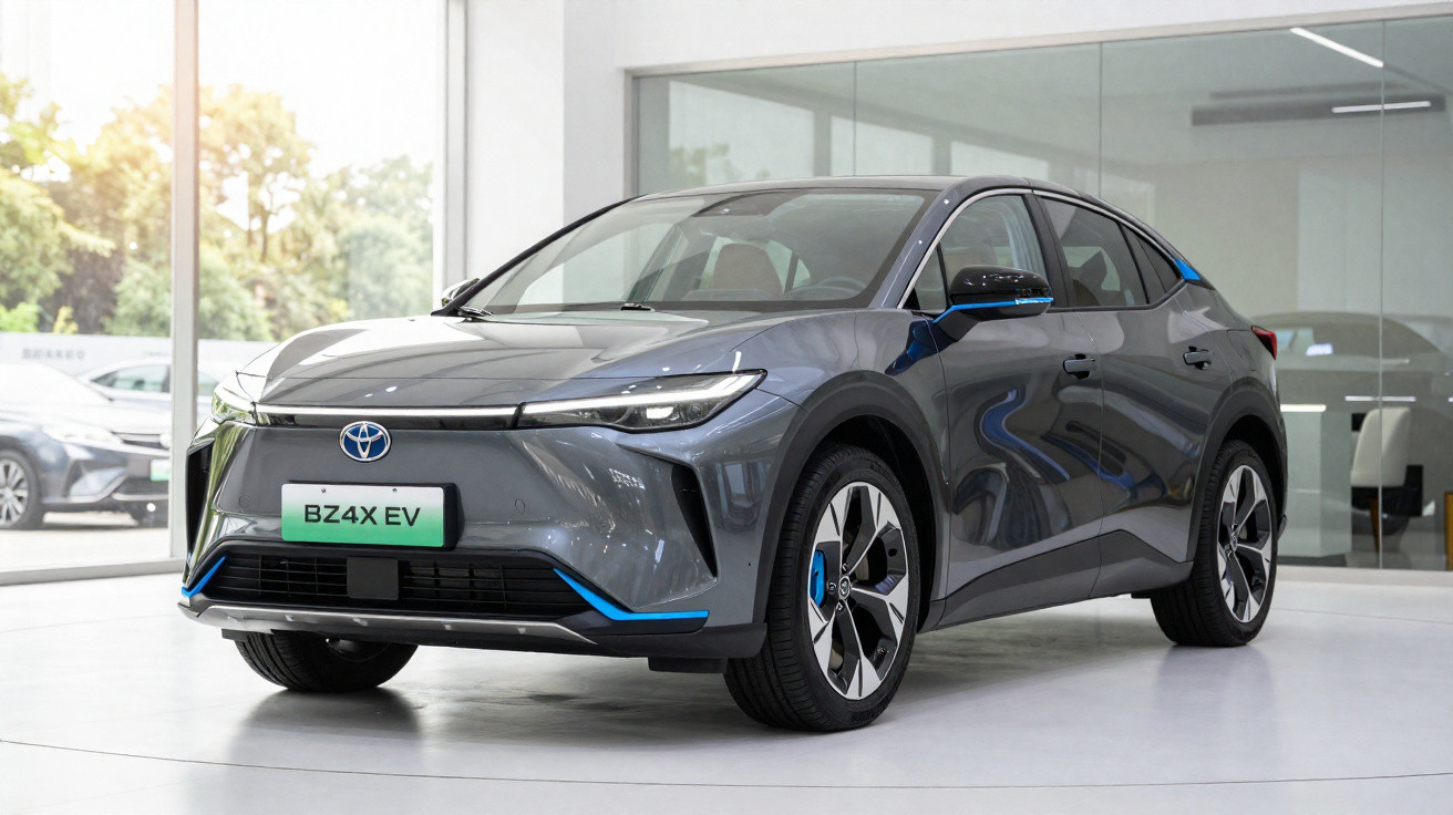 Carro elétrico Toyota BZ4X EV cinzento num showroom moderno com chão branco e janelas amplas.