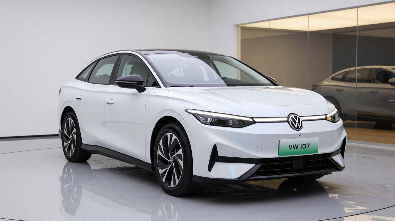 Carro elétrico Volkswagen ID.7 branco, apresentado numa sala iluminada e moderna, refletindo no chão brilhante.