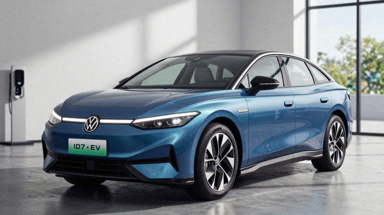 Carro elétrico Volkswagen ID.7 azul estacionado em espaço interior moderno com carregador ao fundo.