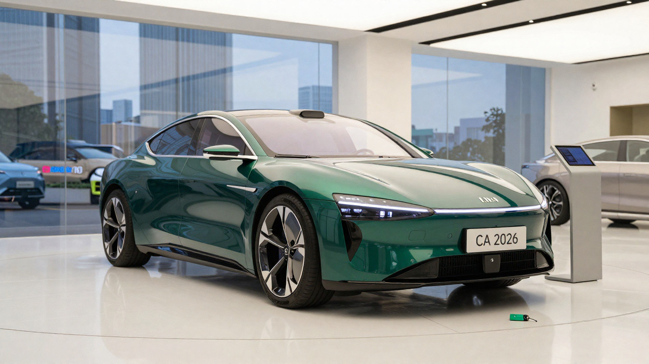 Carro eléctrico verde escuro futurista em exposição num showroom moderno com grandes janelas transparentes.