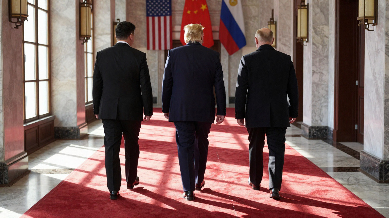 Três homens de fato a caminhar num corredor com tapete vermelho, com bandeiras dos EUA, China e Rússia ao fundo.