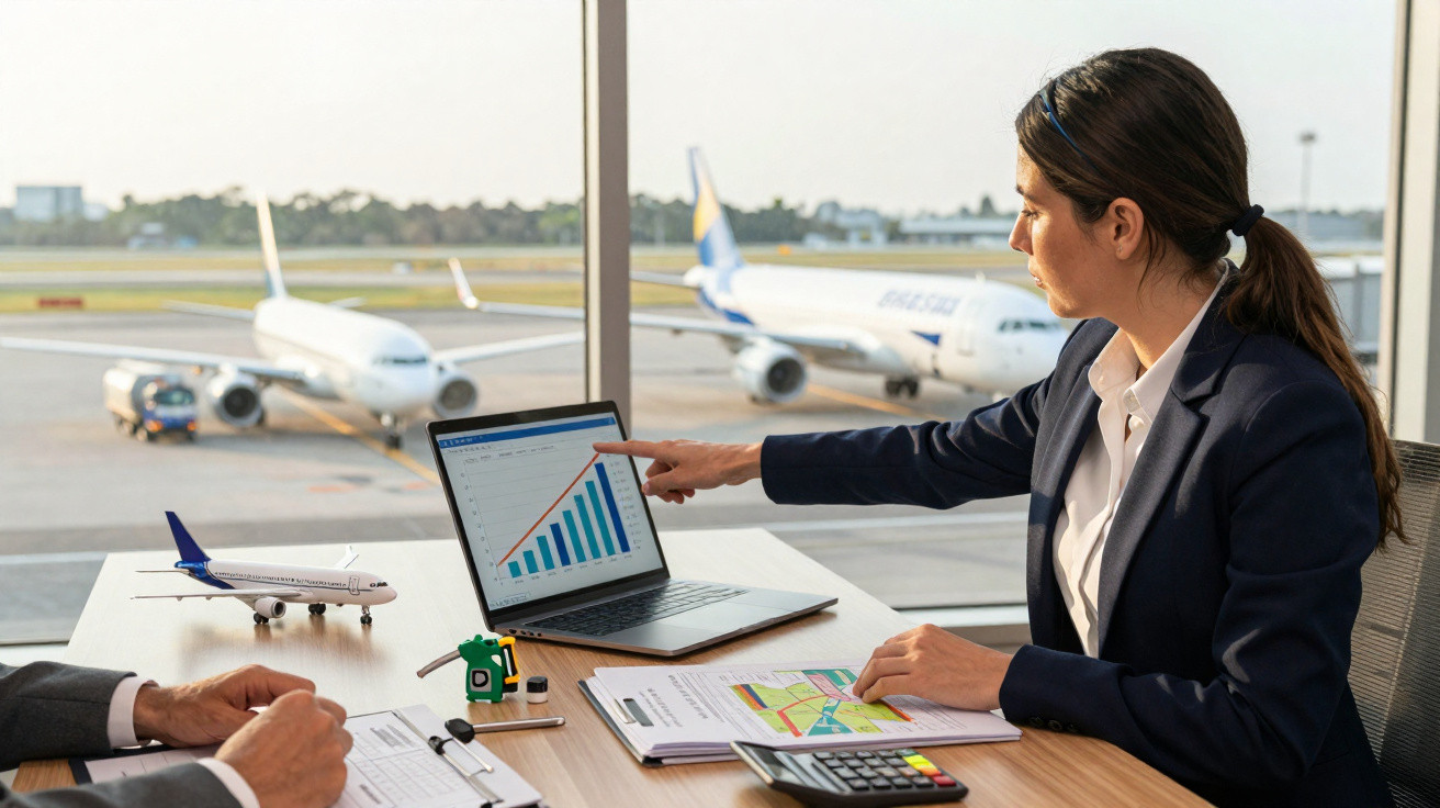 Mulher de negócios analisa gráfico num portátil em escritório no aeroporto com aviões ao fundo.