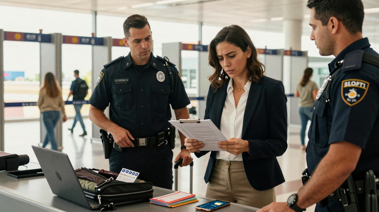 Mulher revista documentos enquanto dois polícias observam no aeroporto junto a uma bolsa e portátil.