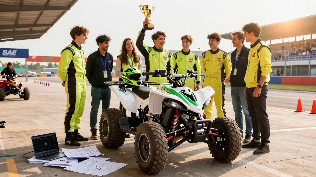 Equipa jovem celebra vitória com troféu junto a quadriciclo num circuito de corridas ao pôr do sol.
