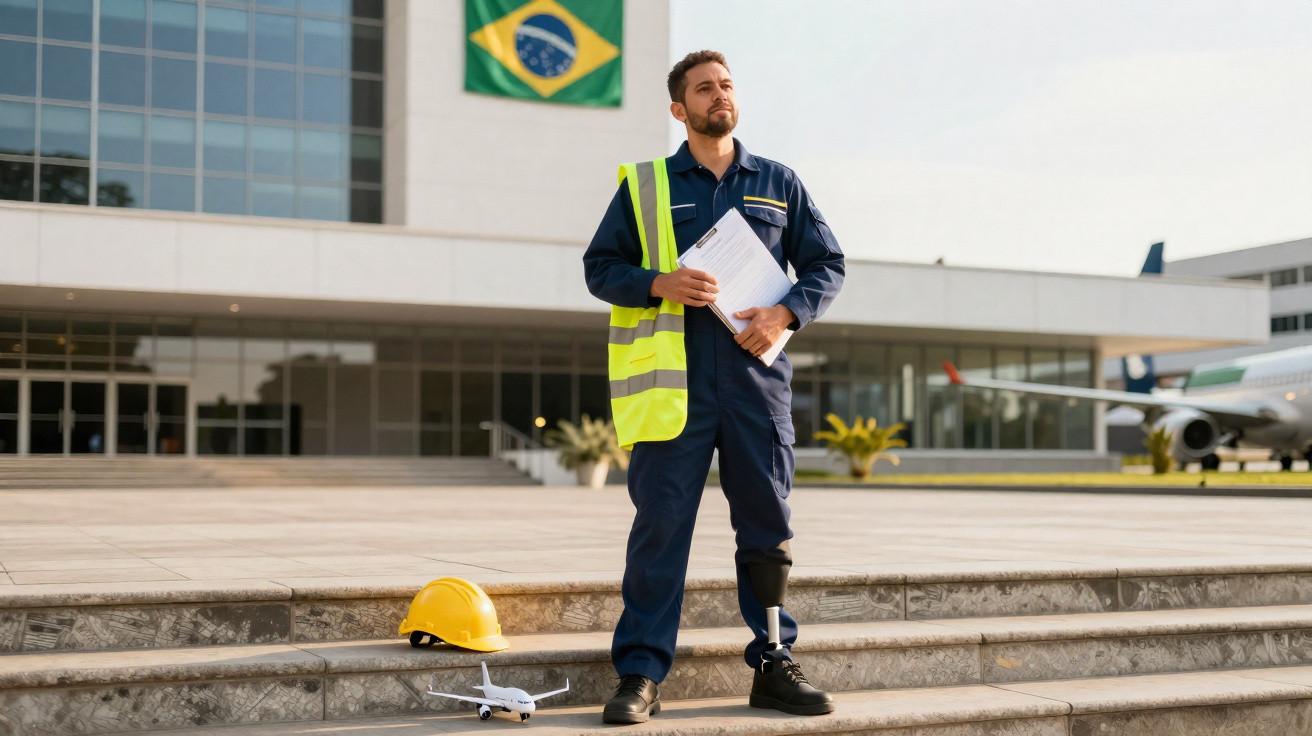 Homem com prótese na perna em fato de segurança e colete amarelo, segurando documentos em aeroporto com bandeira do Brasil.