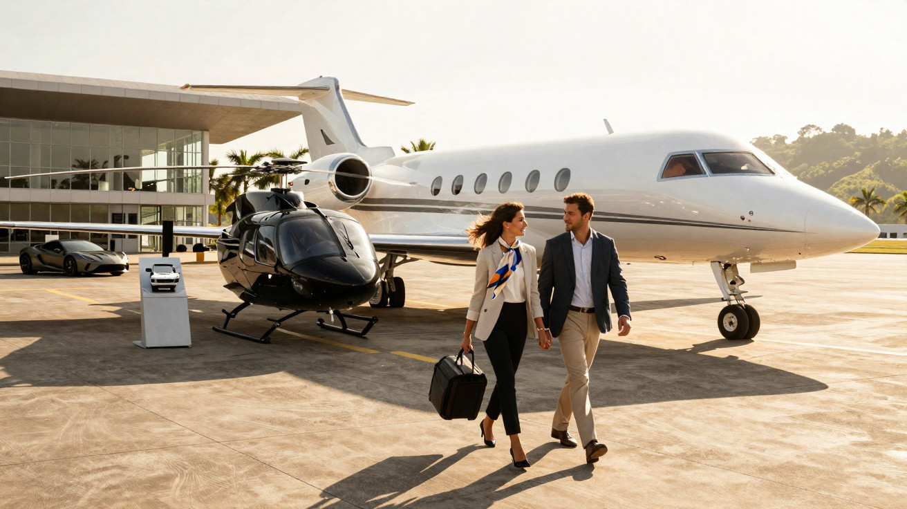 Casal elegante a caminhar numa pista com jato privado, helicóptero e carros de luxo ao fundo.